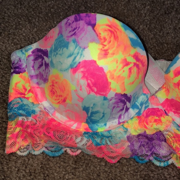 Pink Victoria’s Secret bustier colorful strapless bra lacey rainbow floral 34B - Picture 4 of 10